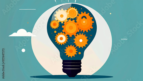 Lightbulb filled with golden gears against a pale turquoise backdrop with a white circle and abstract clouds