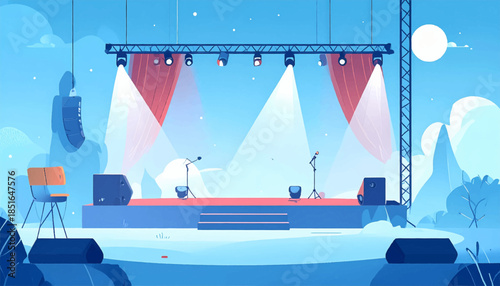 Illustration of an empty stage with microphones, lights and speakers in blues and pinks, outdoors