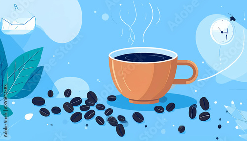Stylized coffee still life with an orange mug, scattered beans, and a soft blue background illustration