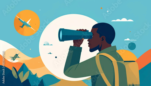 Illustration of an explorer watching planes fly by in a stylized, colorful landscape, wearing a backpack and using a telescope