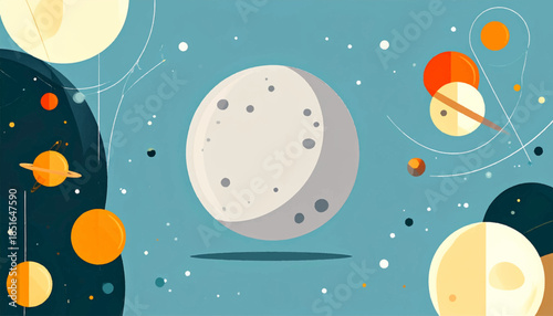 Graphic space art Teal background, cartoon planets of many colors and sizes, white lines, white spots as stars