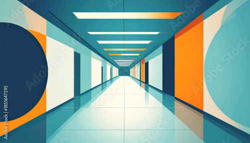 Stylized, colorful hallway with geometric shapes and bright lights receding into the distance