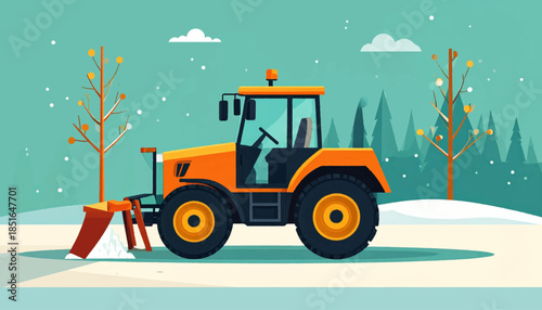 Illustration of an orange snowplow tractor in a snowy winter landscape with minimalist trees
