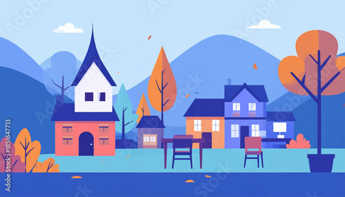 Stylized, colorful rural scene with houses, trees, and mountains in the background