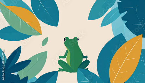 Green frog sits amidst blue, green, yellow leaves in a graphic, stylized art piece on a beige background