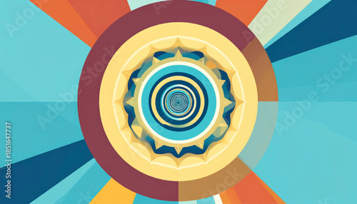 Radial color bursts around layered concentric circles create a vortex effect with teal, yellow, and brown shades