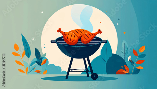 Grill with chicken against foliage and light circle backdrop in teal and orange