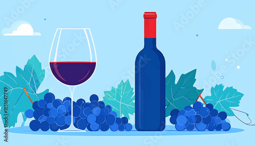 Illustration of a wine bottle, grapes, and glass against a blue sky