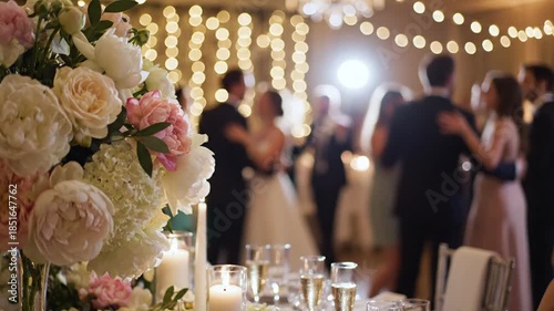 Elegant Wedding Reception Celebration with Dancing Guests Soft Romantic Lighting and Beautiful Floral Centerpiece on Foreground Table with Champagne Glasses