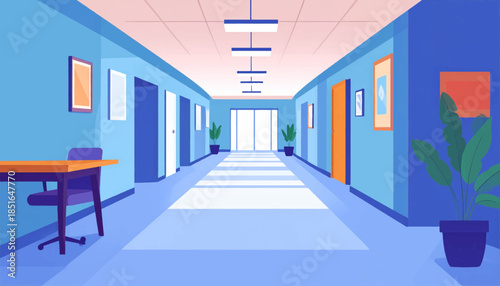 Long, light-filled corridor featuring potted plants, paintings, and a desk