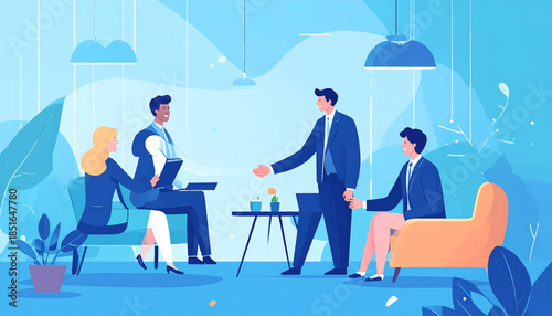Illustration of business people in a meeting, in a blue and yellow stylized modern interior space