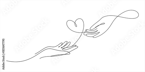 A continuous line drawing showing one hand giving a heart to another hand, symbolizing connection and love Vector, illustration