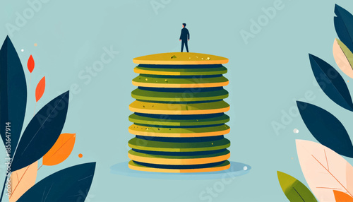 Man atop tall stack with greenery around him in a minimalist style with a light blue background