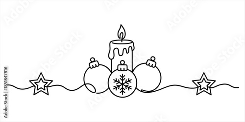 A single continuous line drawing of christmas decorations with a candle and baubles Vector, illustration