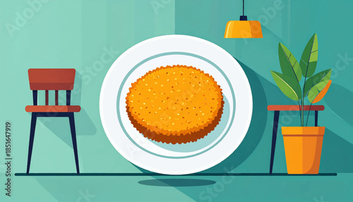 Illustration of food on a plate, a chair, a table, a plant, and a lamp on a green background