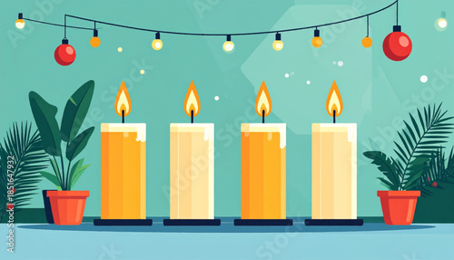 Illustration of four candles burning between potted plants, under a string of lights and ornaments