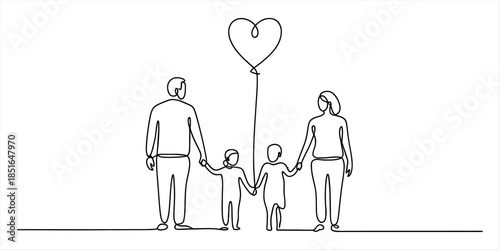 Continuous line art of a loving family of four holding hands, symbolizing unity and care with a heart balloon Vector, illustration