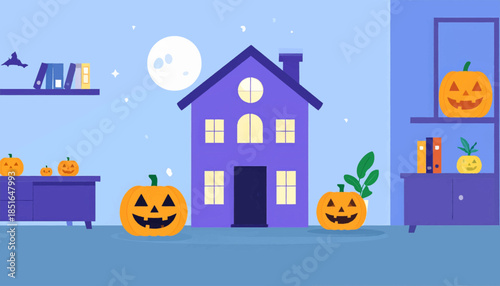 Halloween scene with a purple house, grinning pumpkins, shelves with books, a plant, and a full moon