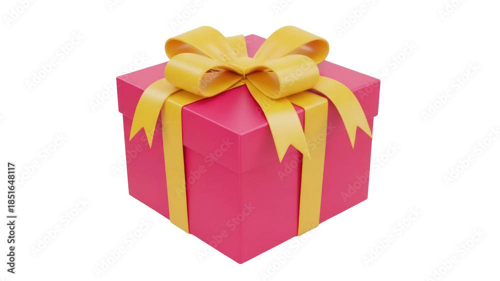 Obraz premium Pink gift box with yellow ribbon isolated PNG, present for birthday celebration or special occasion on transparent background