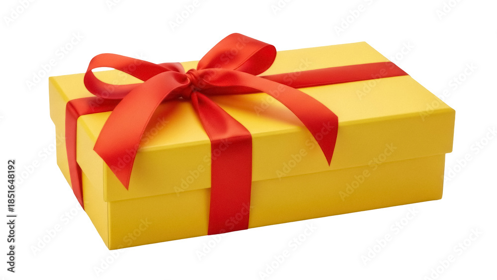 Obraz premium Yellow gift box with red ribbon isolated PNG, present for birthday or Christmas on transparent background, holiday celebration