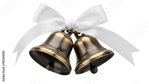 Two golden wedding bells with white bow isolated on transparent background, festive decoration for marriage celebration PNG