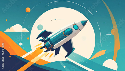 Retro cartoon illustration of a rocket in flight, set against a moon and teal blue sky