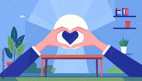 Illustration of heart-shaped hands against sunlit landscape in a room with potted plants and shelves