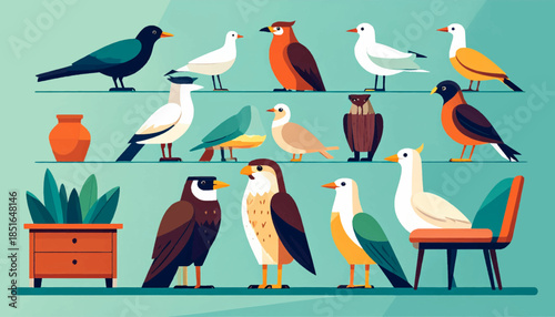 Illustration of many birds on shelves, next to furniture, against a blue background in flat style