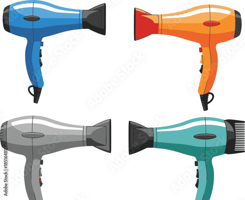 Four different colored hair dryers on white background