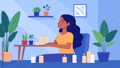 Illustration of meditating woman amidst plants and candles in a calm, blue-toned room