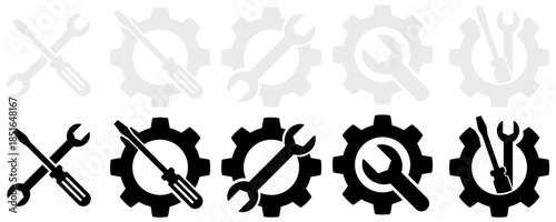 Set of Spanners and Screwdrivers with Gears, Representing Mechanical Tools and Engineering Services