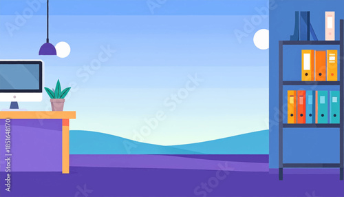 Illustration of office room desk, computer, shelf with binders, window, and stylized landscape background
