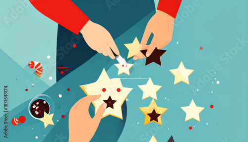 Hands decorate star-shaped cookies with filling and toppings on a blue background with candy cane and a beverage