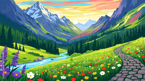 Vibrant Mountain Valley Landscape with Wildflowers and Winding Path