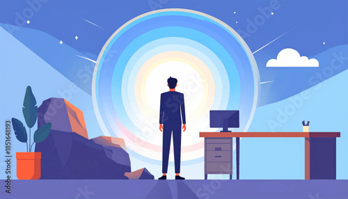 Man in suit stands between surreal landscape and office desk facing a bright, abstract doorway