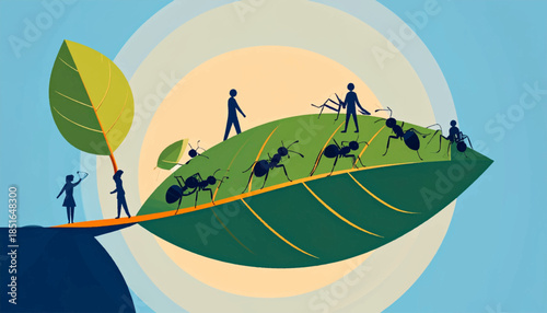 Illustration of silhouetted ants and people atop a leaf in a blue, white and green shaded circle background