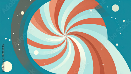Retro spiral artwork in blue space, using orange and light blue, with white spots evoking stars or dots