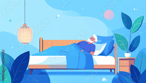 Man resting in a bedroom with blue accents, featuring plants, a lamp, and soft lighting, in a serene illustration