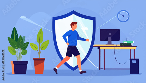 Man runs, office background with shield, desk, computer, clock, and plants depicted in simple, flat style illustration