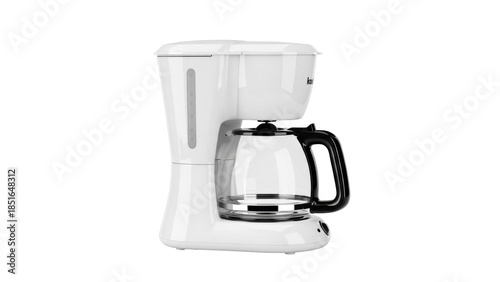Modern white coffee maker with glass carafe isolated PNG, kitchen appliance for brewing hot beverages on transparent background