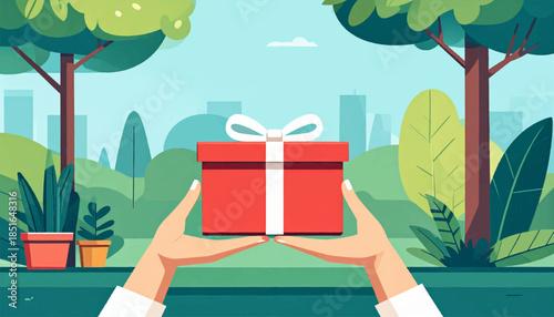 Hands holding a red gift box with a white ribbon in a green park with city buildings in the background