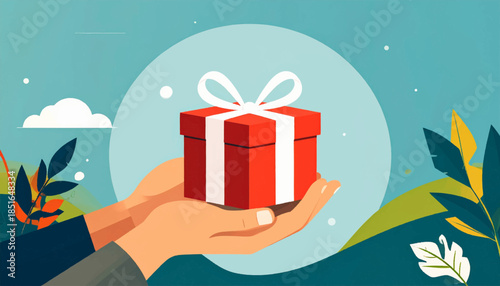 Hands holding a red gift box with white ribbon against a bright, stylized, and nature-filled background