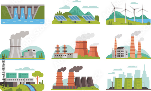 Energy production illustration set showing renewable and nonrenewable power plants, solar panels, wind turbines, hydroelectric dams, industrial electricity facilities