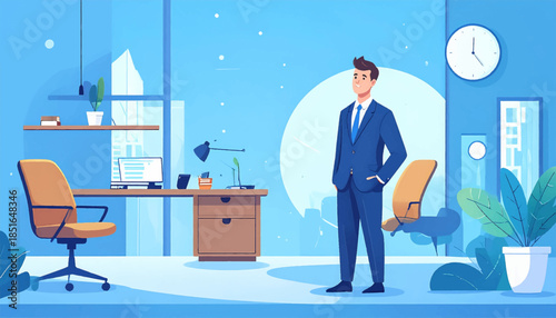 Man stands in a blue modern office with plants and a desk with a computer looking out large windows