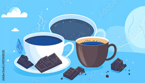 Illustration of three cups of steaming dark coffee alongside pieces of dark chocolate on a pastel blue surface