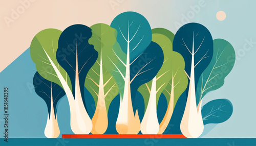 Illustration of stylized Bok Choy plants with green and blue leaves against a light blue, pink, and green backdrop