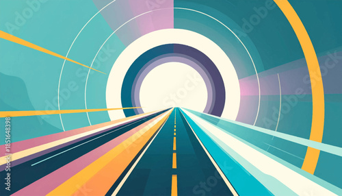 Retro-style highway graphic leading to layered circle