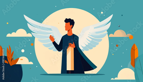 Man with wings standing before a bright, circular light source in a stylized illustration