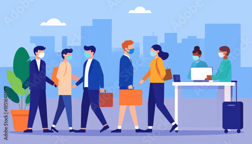 Masked people with business attire, illustrated in flat style, with a cityscape background and office scene