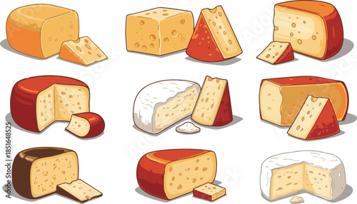 Variety of cut cheese blocks on white background